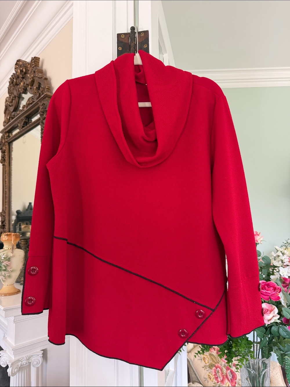 Red Cowl Neck Tunic with Asymmetric Black Accent and button detail, size XL